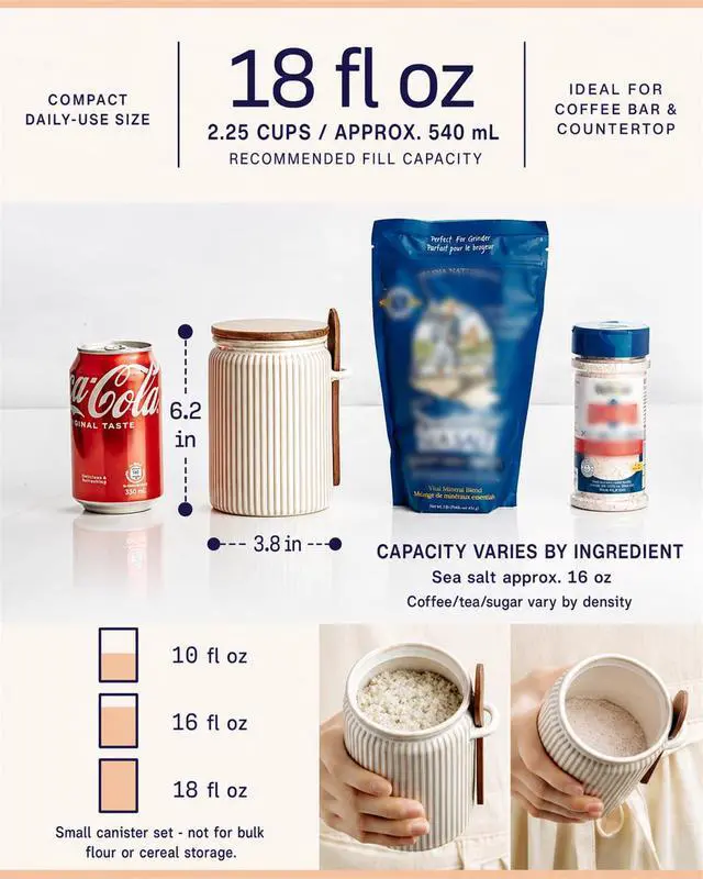 Alt view image 2 of 7 - Small Canisters Sets for the Kitchen, 18 oz Sugar Coffee Tea Storage Containers, Ceramic Kitchen Canisters for Countertop Set of 4 with Airtight Lids and Teaspoons