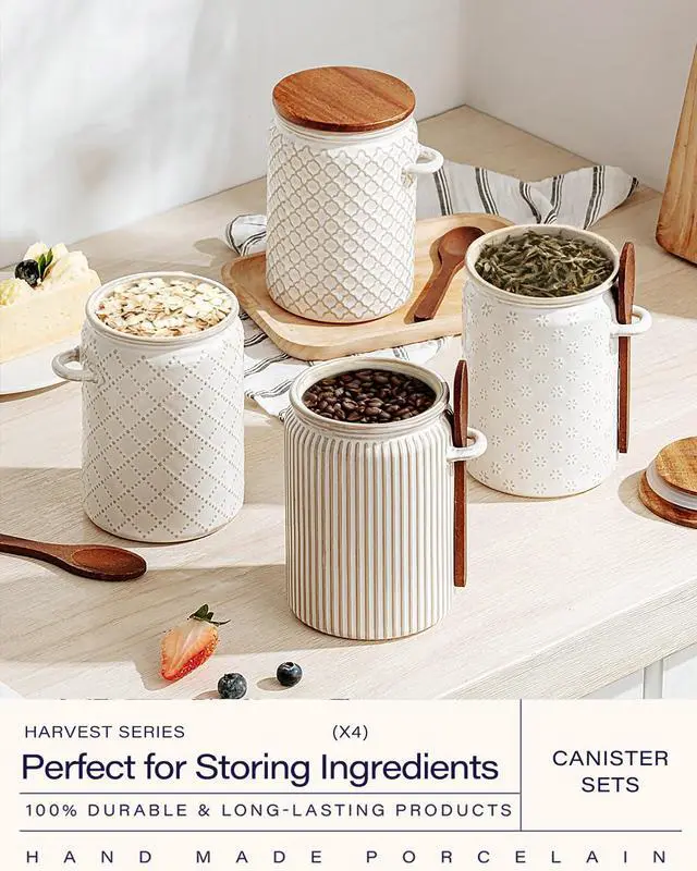 Alt view image 5 of 7 - Small Canisters Sets for the Kitchen, 18 oz Sugar Coffee Tea Storage Containers, Ceramic Kitchen Canisters for Countertop Set of 4 with Airtight Lids and Teaspoons