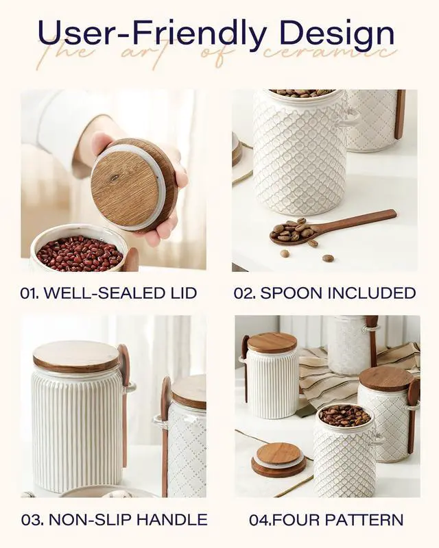 Alt view image 6 of 7 - Small Canisters Sets for the Kitchen, 18 oz Sugar Coffee Tea Storage Containers, Ceramic Kitchen Canisters for Countertop Set of 4 with Airtight Lids and Teaspoons