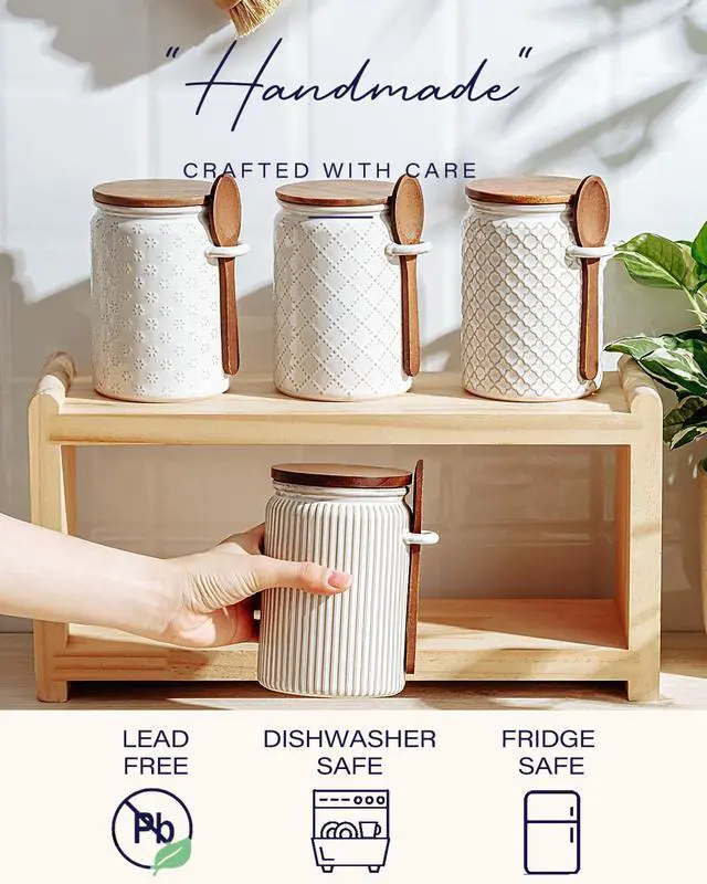 Alt view image 7 of 7 - Small Canisters Sets for the Kitchen, 18 oz Sugar Coffee Tea Storage Containers, Ceramic Kitchen Canisters for Countertop Set of 4 with Airtight Lids and Teaspoons