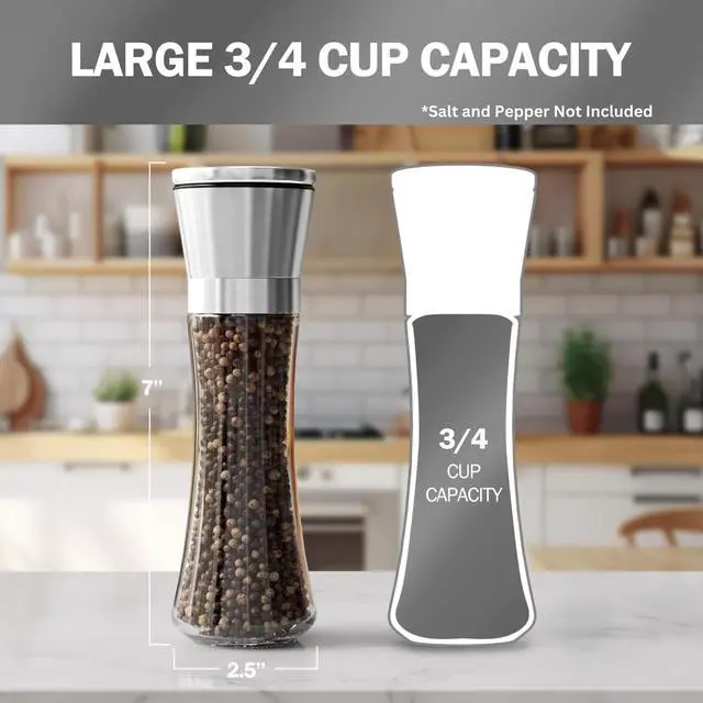 Alt view image 2 of 7 - Premium Stainless Steel Sea Salt and Pepper Grinder Set of 2 - Adjustable Ceramic - Tall Glass Salt and Pepper Shakers - Kitchen Spice Mill W/Funnel & EBook