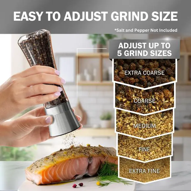 Alt view image 3 of 7 - Premium Stainless Steel Sea Salt and Pepper Grinder Set of 2 - Adjustable Ceramic - Tall Glass Salt and Pepper Shakers - Kitchen Spice Mill W/Funnel & EBook