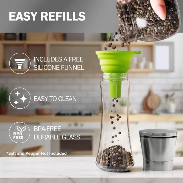 Alt view image 4 of 7 - Premium Stainless Steel Sea Salt and Pepper Grinder Set of 2 - Adjustable Ceramic - Tall Glass Salt and Pepper Shakers - Kitchen Spice Mill W/Funnel & EBook