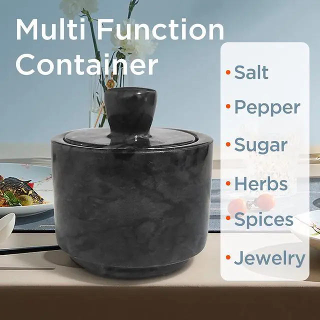 Alt view image 3 of 7 - Marble Salt Cellar with Lid, Salt and Pepper Bowls Box Container, Salt Jar with Lid for Kitchen and Bathroom(Black)
