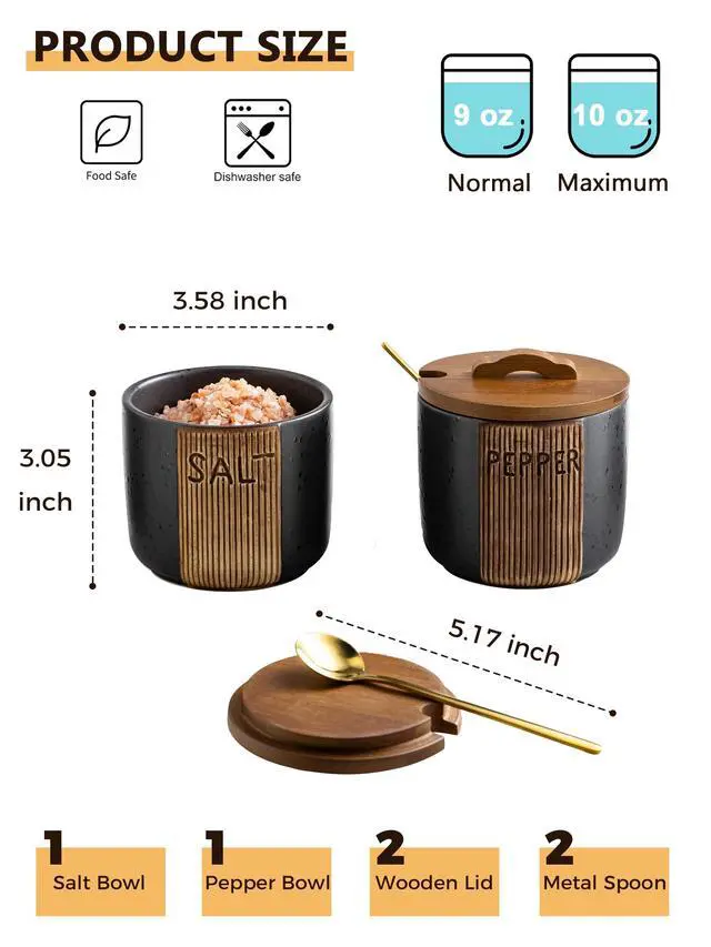 Alt view image 2 of 7 - Salt and Pepper Bowl, Ceramic Salt Containers for Countertop, Salt and Pepper Cellar with Lid and Spoons, Black
