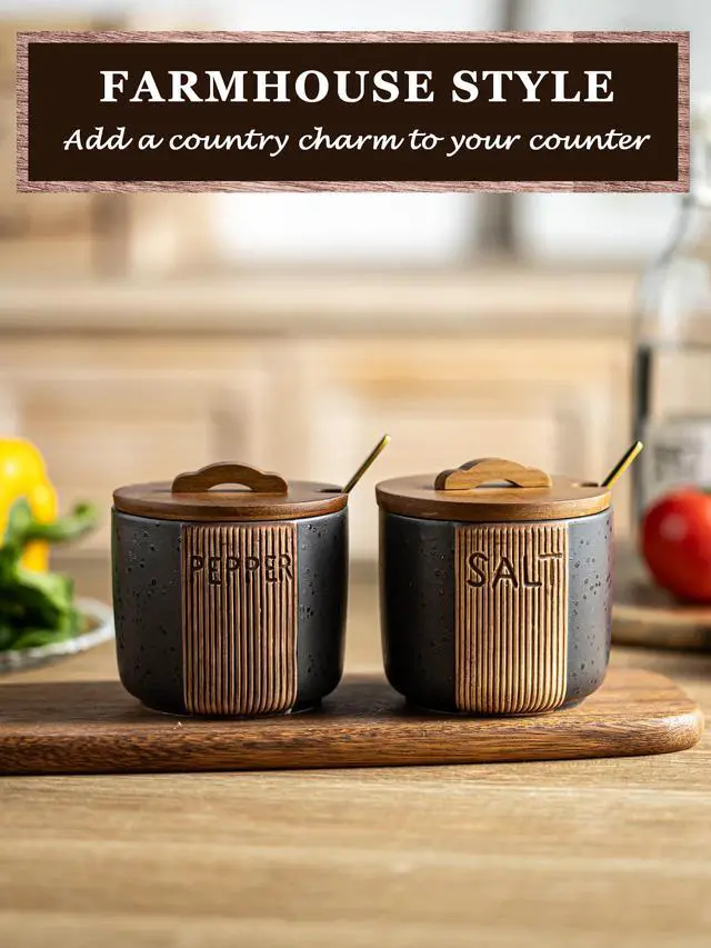 Alt view image 4 of 7 - Salt and Pepper Bowl, Ceramic Salt Containers for Countertop, Salt and Pepper Cellar with Lid and Spoons, Black