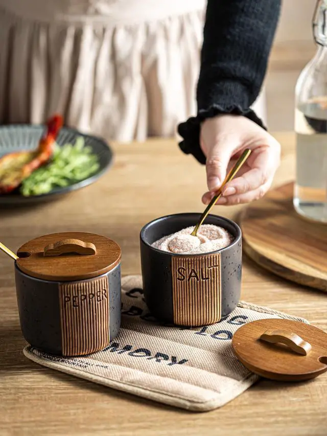 Alt view image 3 of 7 - Salt and Pepper Bowl, Ceramic Salt Containers for Countertop, Salt and Pepper Cellar with Lid and Spoons, Black
