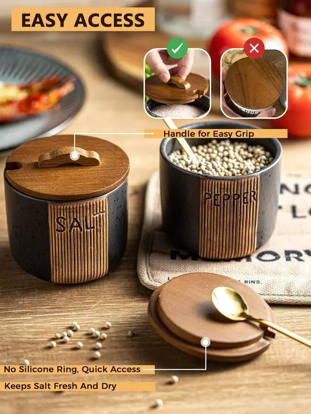 Alt view image 6 of 7 - Salt and Pepper Bowl, Ceramic Salt Containers for Countertop, Salt and Pepper Cellar with Lid and Spoons, Black