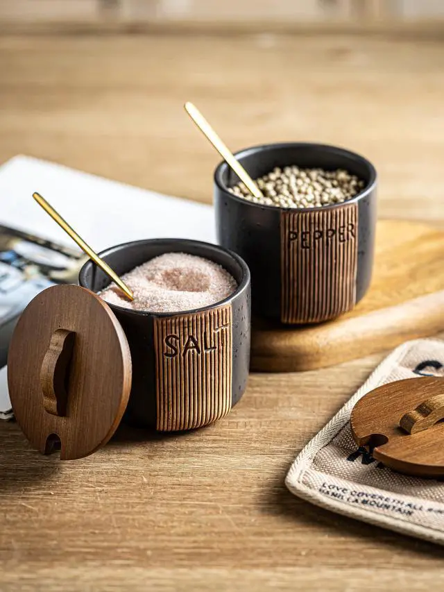 Alt view image 7 of 7 - Salt and Pepper Bowl, Ceramic Salt Containers for Countertop, Salt and Pepper Cellar with Lid and Spoons, Black