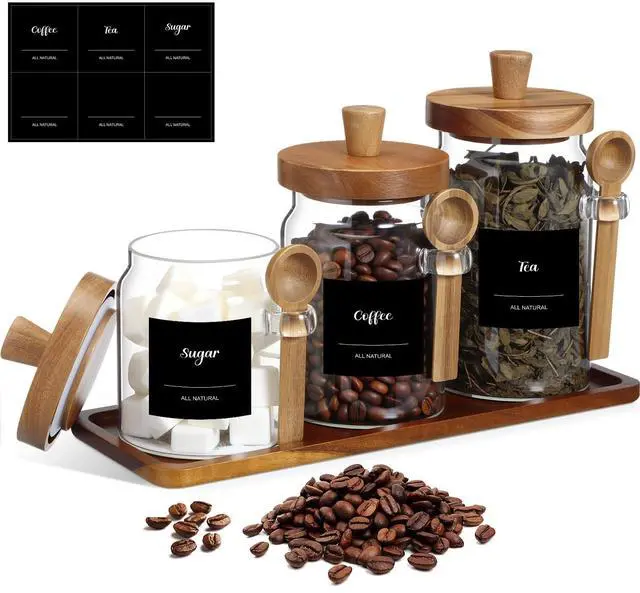 Main image of 3 Pcs Glass Coffee Container with Wooden Lid Spoon Shelf Labels Clear Airtight Jar Food Storage Canister Set for Sugar Spice Coffee Bean Holder Housewarming Gift(13.5,20,25 oz,Acacia Brown)
