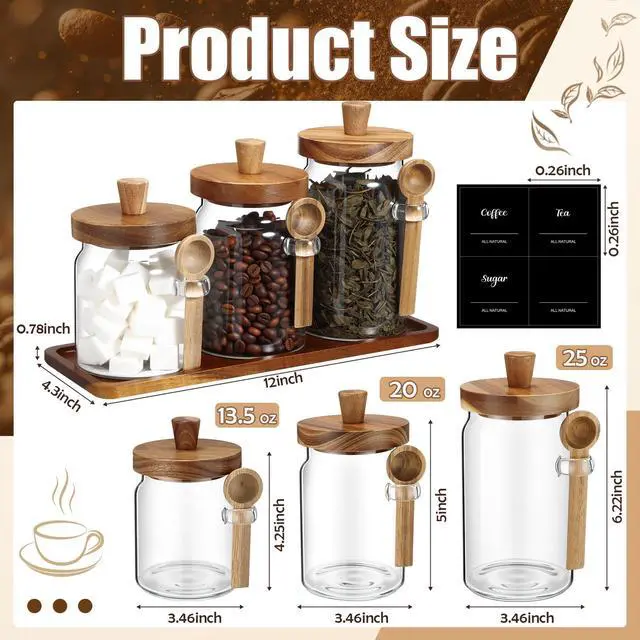 Alt view image 2 of 6 - 3 Pcs Glass Coffee Container with Wooden Lid Spoon Shelf Labels Clear Airtight Jar Food Storage Canister Set for Sugar Spice Coffee Bean Holder Housewarming Gift(13.5,20,25 oz,Acacia Brown)