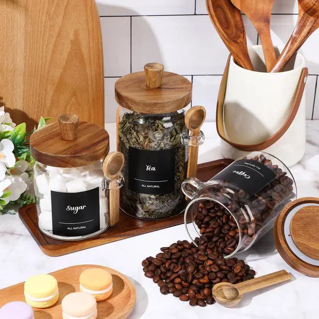 Alt view image 4 of 6 - 3 Pcs Glass Coffee Container with Wooden Lid Spoon Shelf Labels Clear Airtight Jar Food Storage Canister Set for Sugar Spice Coffee Bean Holder Housewarming Gift(13.5,20,25 oz,Acacia Brown)