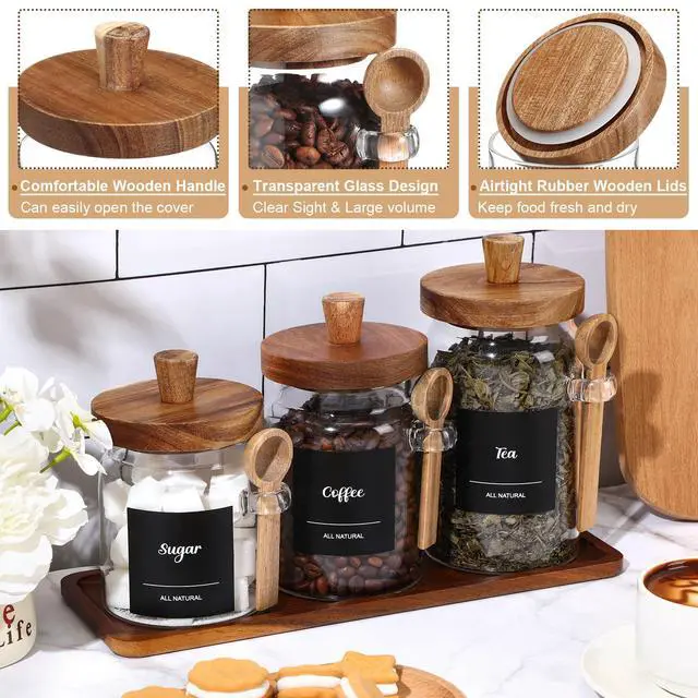Alt view image 3 of 6 - 3 Pcs Glass Coffee Container with Wooden Lid Spoon Shelf Labels Clear Airtight Jar Food Storage Canister Set for Sugar Spice Coffee Bean Holder Housewarming Gift(13.5,20,25 oz,Acacia Brown)