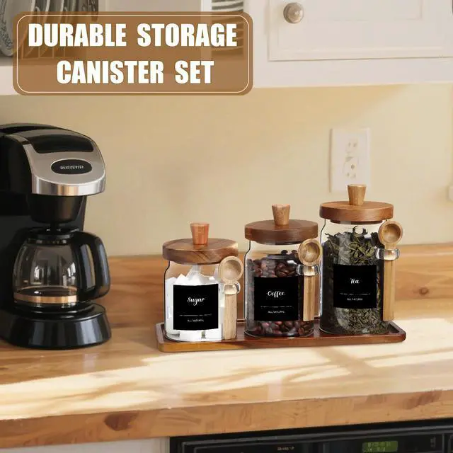 Alt view image 6 of 6 - 3 Pcs Glass Coffee Container with Wooden Lid Spoon Shelf Labels Clear Airtight Jar Food Storage Canister Set for Sugar Spice Coffee Bean Holder Housewarming Gift(13.5,20,25 oz,Acacia Brown)