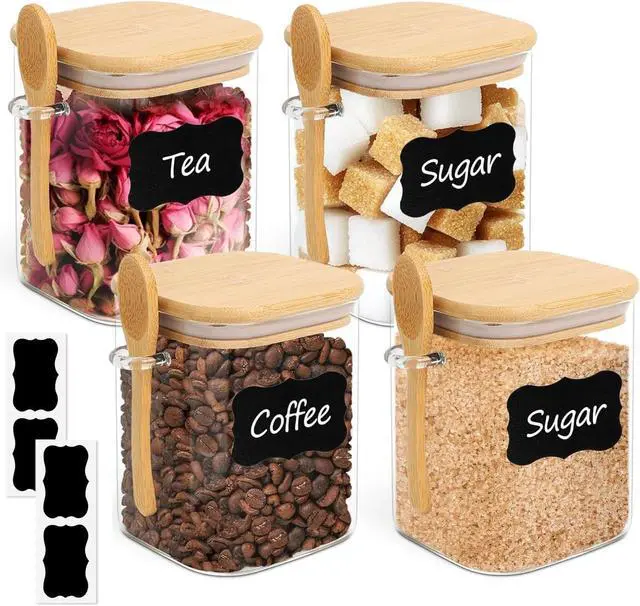 Main image of 0.8 Qt Glass Jars with Bamboo Lids & Spoons Set of 4, Square Glass Containers with Lids, Sugar Coffee Containers Salt Spice Jars, Pantry Storage Container for Loose Tea, Candy, Brown Sugar, Nut