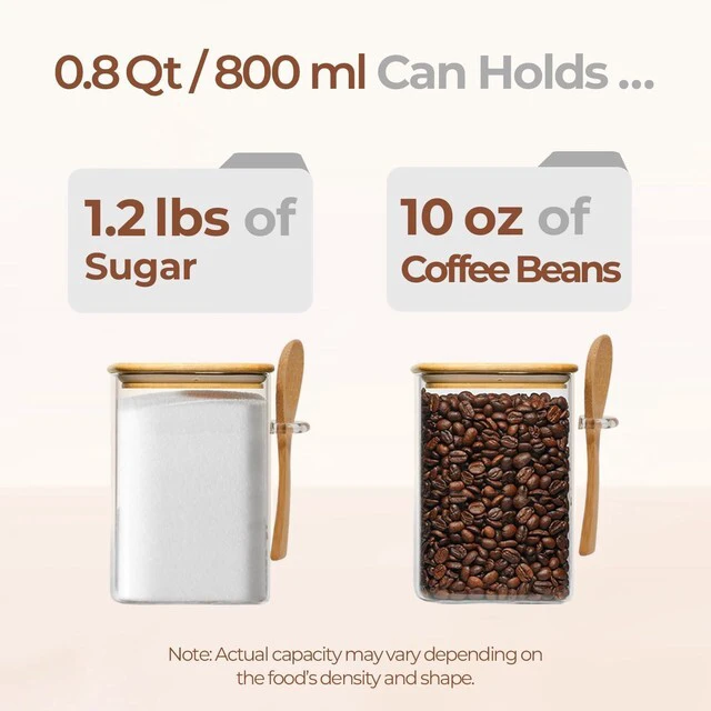 Alt view image 3 of 7 - 0.8 Qt Glass Jars with Bamboo Lids & Spoons Set of 4, Square Glass Containers with Lids, Sugar Coffee Containers Salt Spice Jars, Pantry Storage Container for Loose Tea, Candy, Brown Sugar, Nut