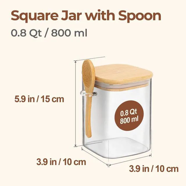 Alt view image 2 of 7 - 0.8 Qt Glass Jars with Bamboo Lids & Spoons Set of 4, Square Glass Containers with Lids, Sugar Coffee Containers Salt Spice Jars, Pantry Storage Container for Loose Tea, Candy, Brown Sugar, Nut