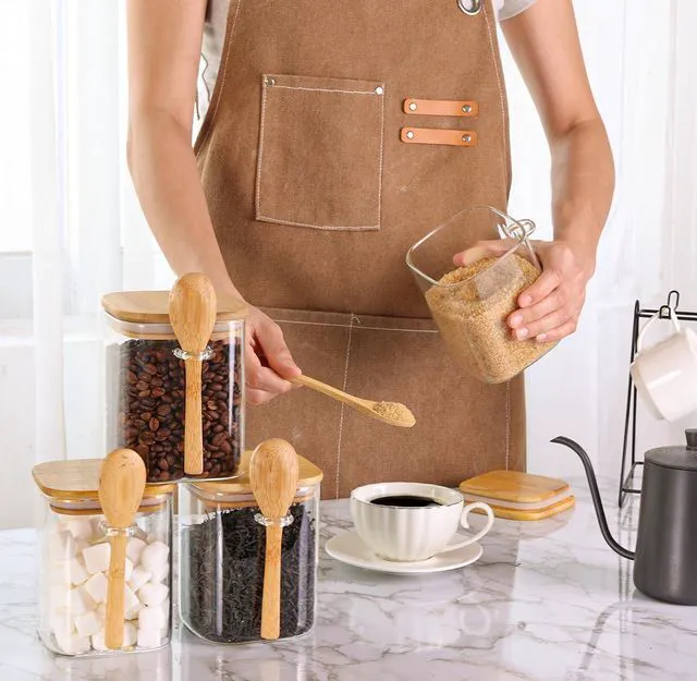 Alt view image 4 of 7 - 0.8 Qt Glass Jars with Bamboo Lids & Spoons Set of 4, Square Glass Containers with Lids, Sugar Coffee Containers Salt Spice Jars, Pantry Storage Container for Loose Tea, Candy, Brown Sugar, Nut