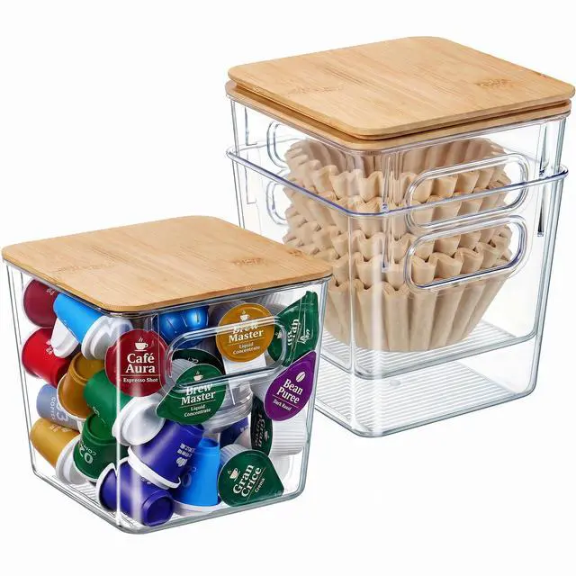 Main image of 3 PACK Coffee Pod Holder K Cup Organizer Large Capacity Clear Storage Container Bins with Bamboo Lids for Coffee Bar Organization and Storage