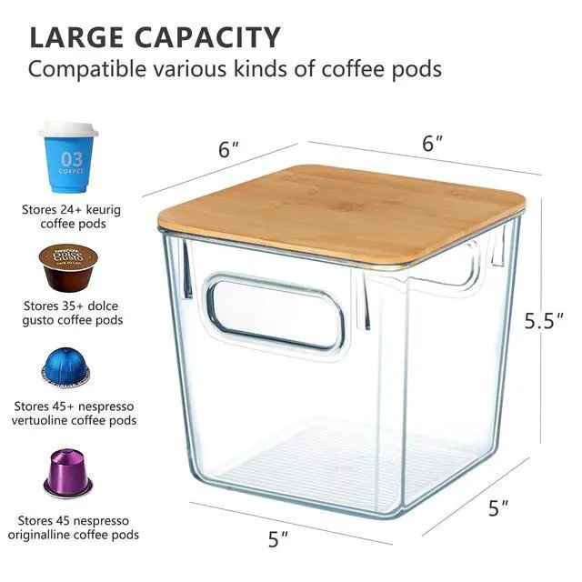 Alt view image 3 of 7 - 3 PACK Coffee Pod Holder K Cup Organizer Large Capacity Clear Storage Container Bins with Bamboo Lids for Coffee Bar Organization and Storage
