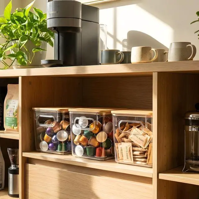 Alt view image 6 of 7 - 3 PACK Coffee Pod Holder K Cup Organizer Large Capacity Clear Storage Container Bins with Bamboo Lids for Coffee Bar Organization and Storage