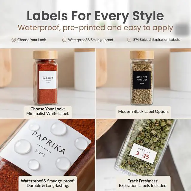 Alt view image 5 of 7 - Glass Spice Jars with Label, 24PK Bamboo Jar Spices Set 4oz, 374 Spice Labels, Pepper Grinder, Empty Herb Seasoning Containers, Funnel and Shaker Lids