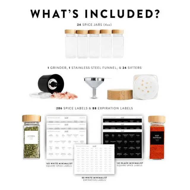 Alt view image 7 of 7 - Glass Spice Jars with Label, 24PK Bamboo Jar Spices Set 4oz, 374 Spice Labels, Pepper Grinder, Empty Herb Seasoning Containers, Funnel and Shaker Lids