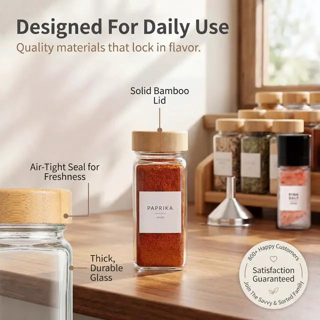 Alt view image 4 of 7 - Glass Spice Jars with Label, 24PK Bamboo Jar Spices Set 4oz, 374 Spice Labels, Pepper Grinder, Empty Herb Seasoning Containers, Funnel and Shaker Lids