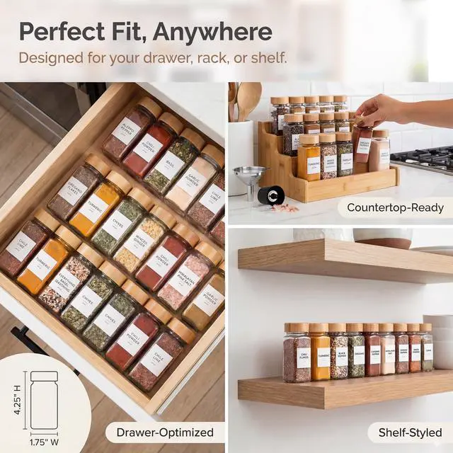 Alt view image 2 of 7 - Glass Spice Jars with Label, 24PK Bamboo Jar Spices Set 4oz, 374 Spice Labels, Pepper Grinder, Empty Herb Seasoning Containers, Funnel and Shaker Lids