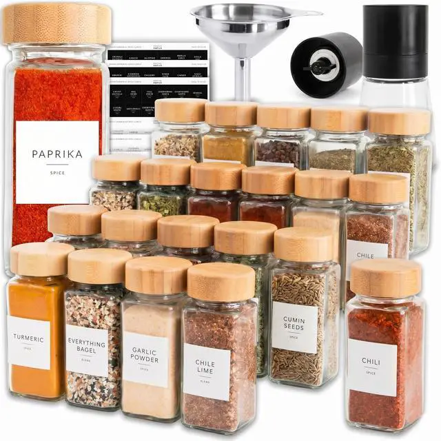 Main image of Glass Spice Jars with Label, 24PK Bamboo Jar Spices Set 4oz, 374 Spice Labels, Pepper Grinder, Empty Herb Seasoning Containers, Funnel and Shaker Lids