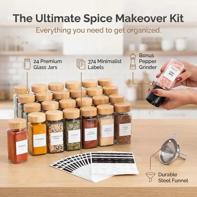 Alt view image 3 of 7 - Glass Spice Jars with Label, 24PK Bamboo Jar Spices Set 4oz, 374 Spice Labels, Pepper Grinder, Empty Herb Seasoning Containers, Funnel and Shaker Lids