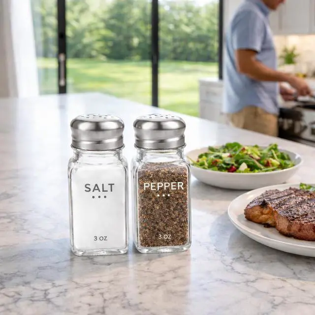 Alt view image 4 of 7 - Salt Shaker and Pepper Shaker Set of 2, Refillable Glass Spice Shakers with Holes and Lids, Stainless Steel Spice Dispenser, Modern Kitchen Decor Seasoning Containers for Dining Table (3oz)