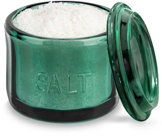 Main image of Glass Salt Cellar, with Lid, Embossed Pressed Glass, Clear Storage Container, for Coffee, Sugar, Spices and Candies, 10 oz (Emerald Green)