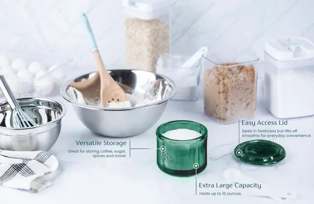 Alt view image 3 of 5 - Glass Salt Cellar, with Lid, Embossed Pressed Glass, Clear Storage Container, for Coffee, Sugar, Spices and Candies, 10 oz (Emerald Green)