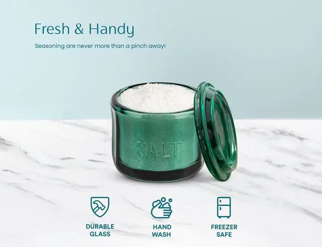 Alt view image 4 of 5 - Glass Salt Cellar, with Lid, Embossed Pressed Glass, Clear Storage Container, for Coffee, Sugar, Spices and Candies, 10 oz (Emerald Green)