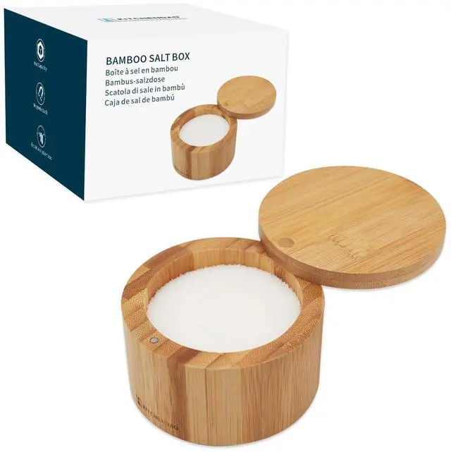 Main image of Bamboo Salt Cellar Bowl BoxElegant Kitchen Container Holder with Swivel Magnetic Lid to Store Pepper Spice Bath or Favorite Seasonings, 6oz