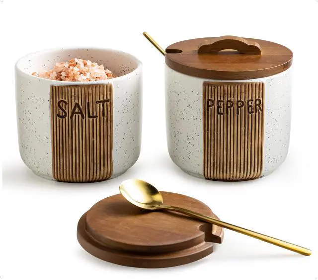 Main image of Salt and Pepper Bowl Ceramic, 10 Oz Salt and Pepper Cellar with Lid and Spoon, Farmhouse Salt Containers for Countertop, White