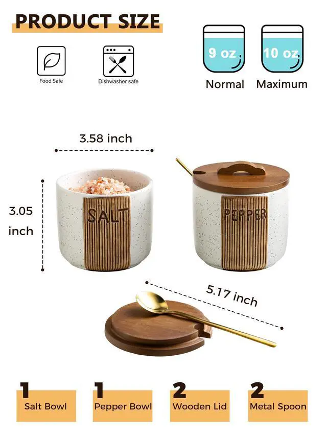 Alt view image 2 of 7 - Salt and Pepper Bowl Ceramic, 10 Oz Salt and Pepper Cellar with Lid and Spoon, Farmhouse Salt Containers for Countertop, White