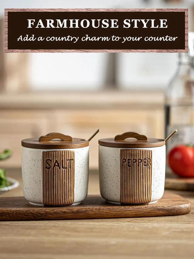 Alt view image 3 of 7 - Salt and Pepper Bowl Ceramic, 10 Oz Salt and Pepper Cellar with Lid and Spoon, Farmhouse Salt Containers for Countertop, White