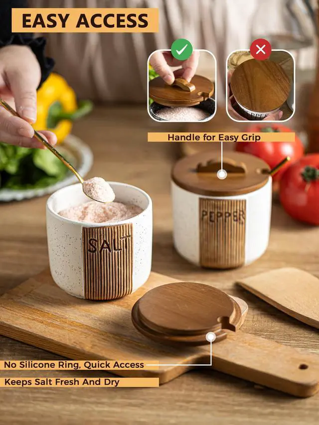 Alt view image 4 of 7 - Salt and Pepper Bowl Ceramic, 10 Oz Salt and Pepper Cellar with Lid and Spoon, Farmhouse Salt Containers for Countertop, White