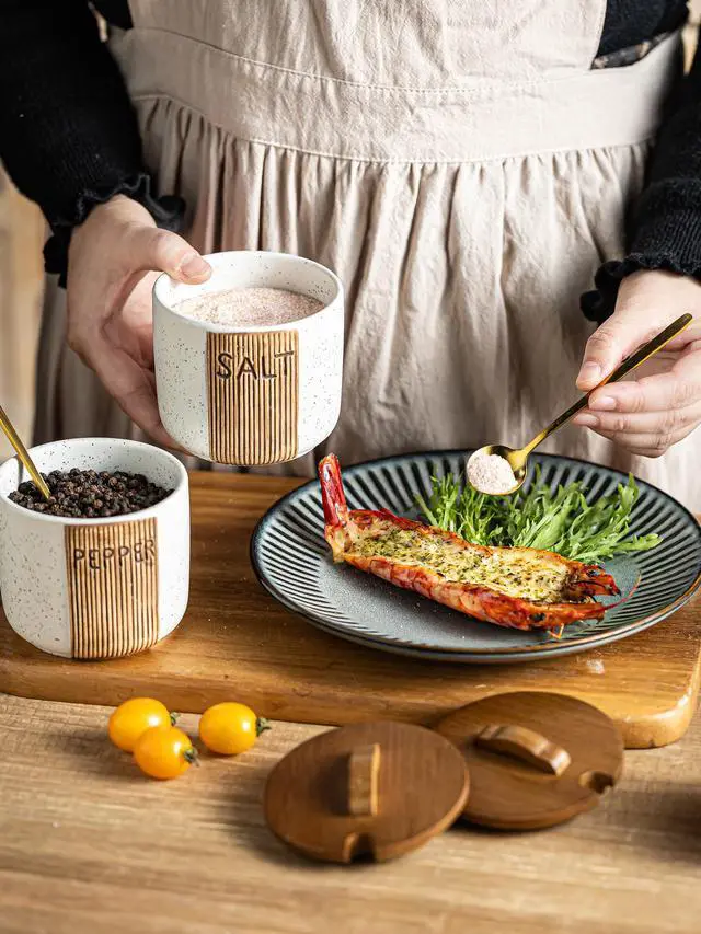 Alt view image 5 of 7 - Salt and Pepper Bowl Ceramic, 10 Oz Salt and Pepper Cellar with Lid and Spoon, Farmhouse Salt Containers for Countertop, White