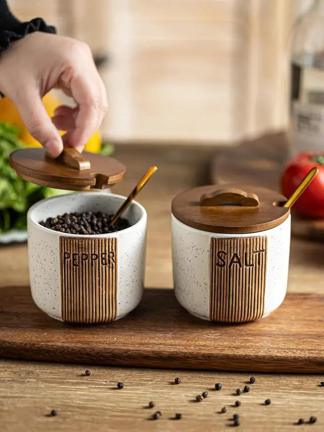 Alt view image 6 of 7 - Salt and Pepper Bowl Ceramic, 10 Oz Salt and Pepper Cellar with Lid and Spoon, Farmhouse Salt Containers for Countertop, White