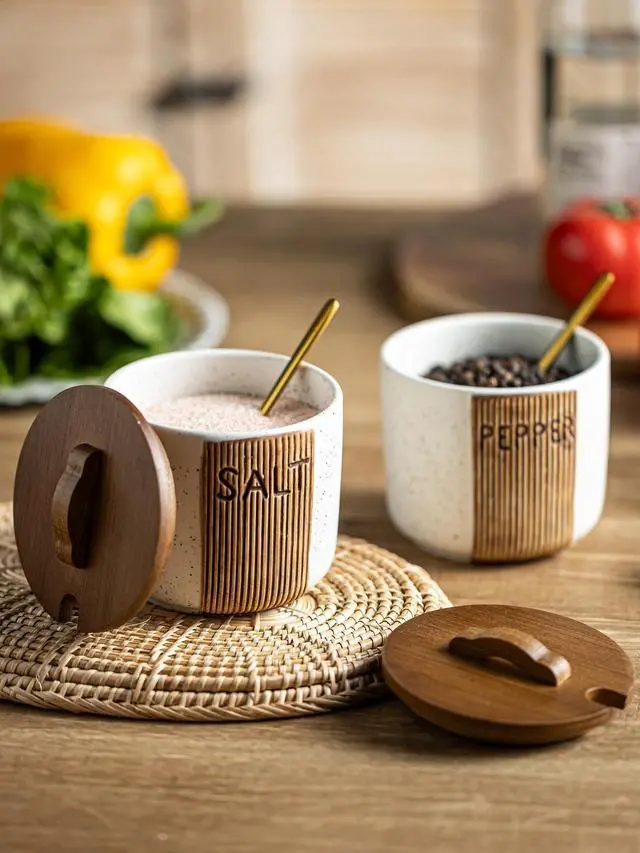 Alt view image 7 of 7 - Salt and Pepper Bowl Ceramic, 10 Oz Salt and Pepper Cellar with Lid and Spoon, Farmhouse Salt Containers for Countertop, White