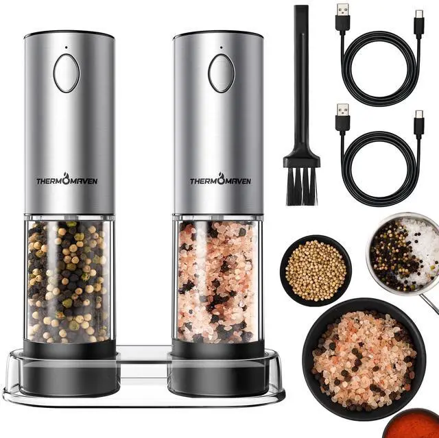 Main image of Electric Salt and Pepper Grinder Set, 110ml Larger Rechargeable Automatic Salt and Pepper Mill Grinder with 6 Adjustable Coarseness, Electric Salt and Pepper Shakers, LED, 2 Packs, Black