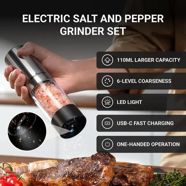 Alt view image 2 of 7 - Electric Salt and Pepper Grinder Set, 110ml Larger Rechargeable Automatic Salt and Pepper Mill Grinder with 6 Adjustable Coarseness, Electric Salt and Pepper Shakers, LED, 2 Packs, Black