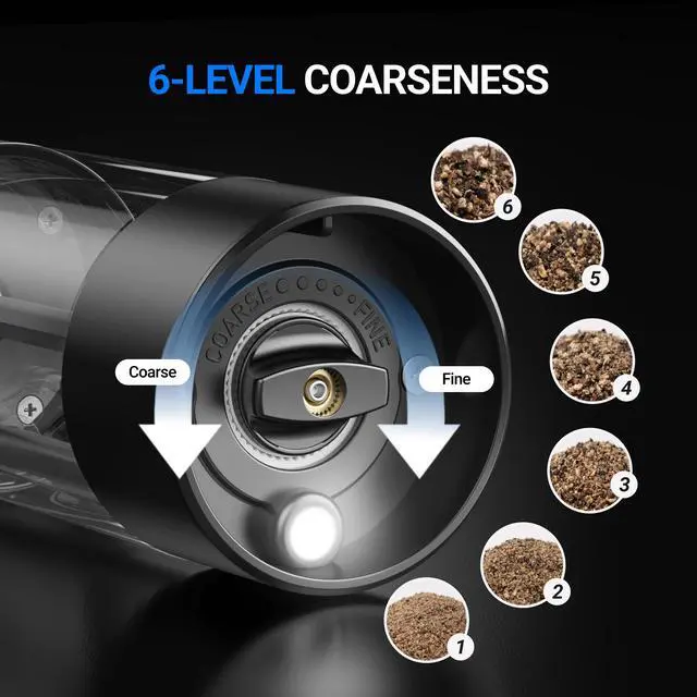 Alt view image 4 of 7 - Electric Salt and Pepper Grinder Set, 110ml Larger Rechargeable Automatic Salt and Pepper Mill Grinder with 6 Adjustable Coarseness, Electric Salt and Pepper Shakers, LED, 2 Packs, Black