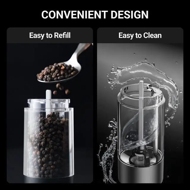 Alt view image 6 of 7 - Electric Salt and Pepper Grinder Set, 110ml Larger Rechargeable Automatic Salt and Pepper Mill Grinder with 6 Adjustable Coarseness, Electric Salt and Pepper Shakers, LED, 2 Packs, Black