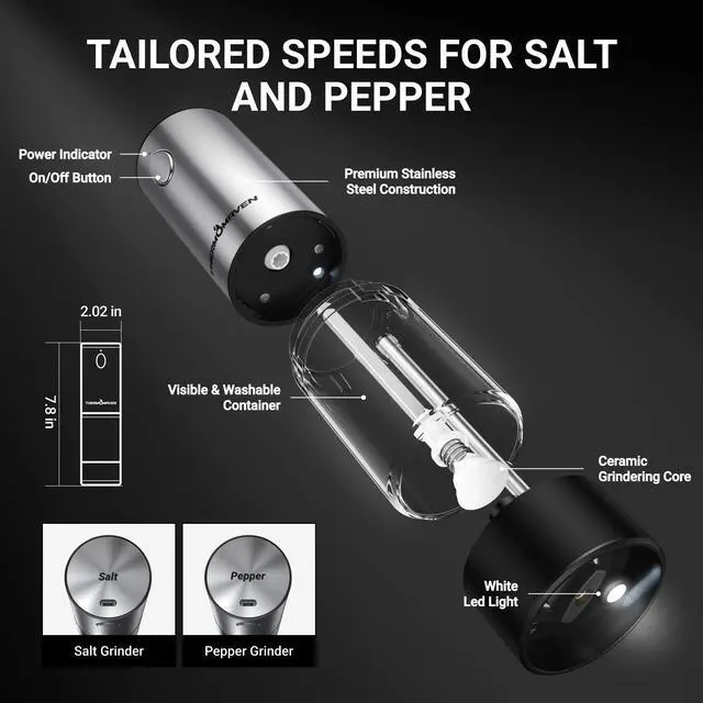 Alt view image 7 of 7 - Electric Salt and Pepper Grinder Set, 110ml Larger Rechargeable Automatic Salt and Pepper Mill Grinder with 6 Adjustable Coarseness, Electric Salt and Pepper Shakers, LED, 2 Packs, Black