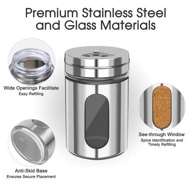 Alt view image 3 of 7 - Salt and Pepper Shakers, Stainless Steel and Glass, Adjustable, 2 Pack