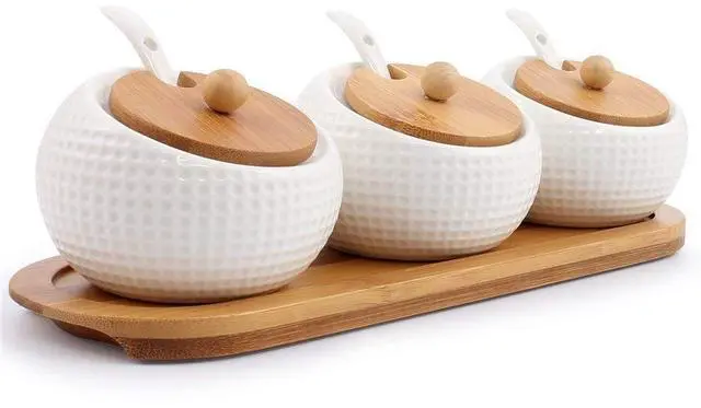 Main image of Porcelain Condiment Jar Spice Container with Lids - Bamboo Cap Holder Spot, Ceramic Serving Spoon, Wooden Tray Best Pottery Cruet Pot for Your Home, Kitchen, Counter. White,170 ML (5.8 OZ), Set of 3